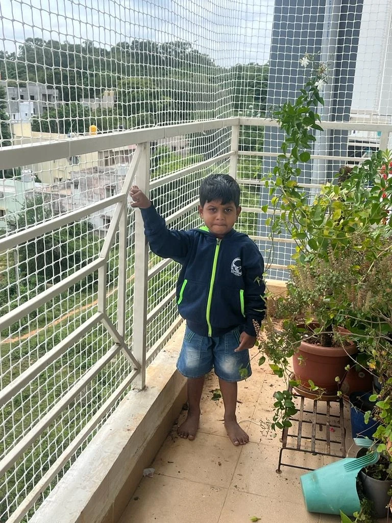 Toddler on apartment balcony protected by safety net
